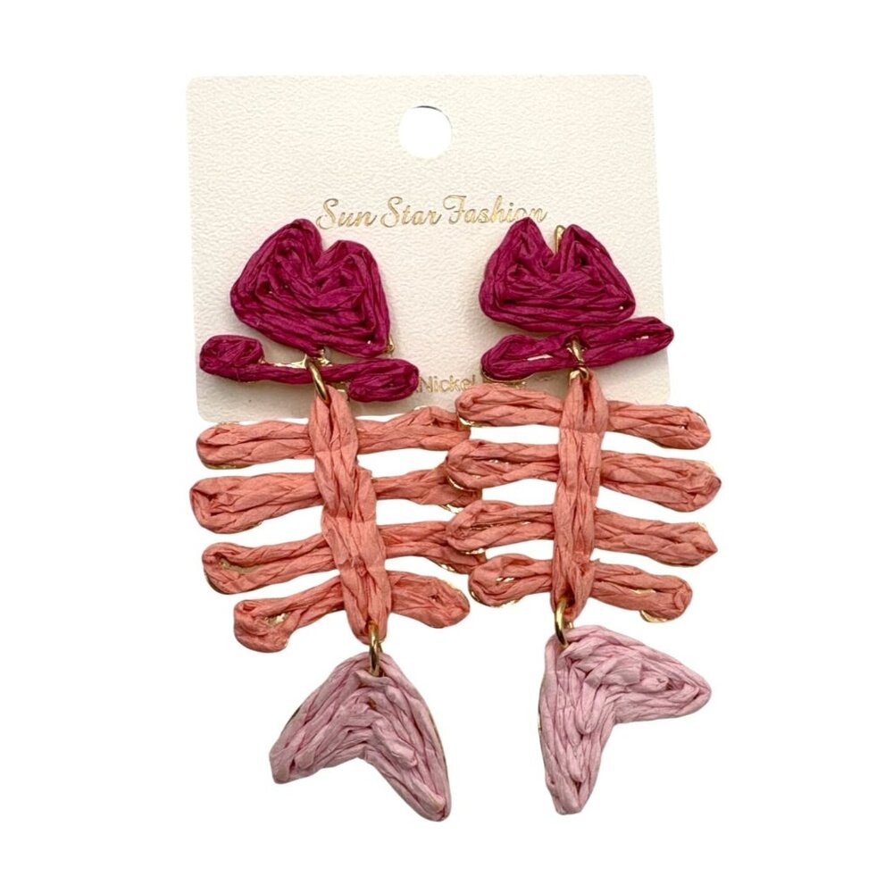 Pink Red Raffia Fish Skeleton Dangle Earrings Lightweight Lead Nickel Free New